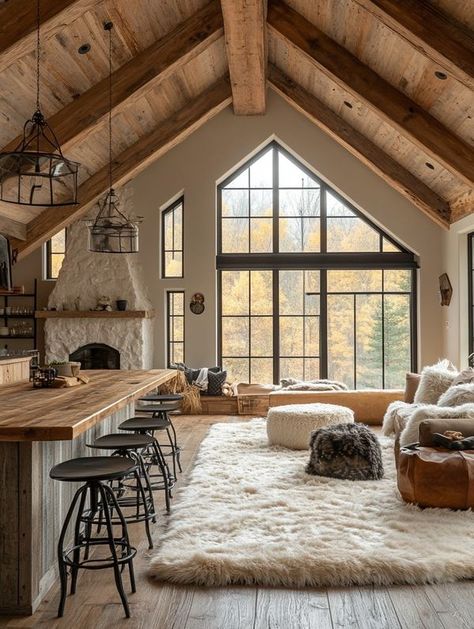 Cozy Modern Cabin Interior, Cabin Modern Interior, Small Cabin Interiors Cozy, Luxury Cabin Interior, Lakehouse Cabin, Cozy Mountain Home, Earthy Homes, Modern Lakehouse, Modern Log Home