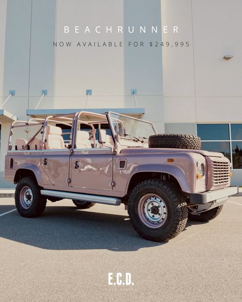 💓 Porsche Frozen Berry Metallic Defender 110 Beach Runner, now available for delivery at $249,995. What should we name this build? 🤔 Tag who needs it 👇 Pink Land Rover Defender, Defender Aesthetic, Retro Defender, Land Rover Defender 110 Custom, Landrover Defender 110, Classic Defender, Safari Truck, Land Rover Defender Interior, Vintage Land Rover