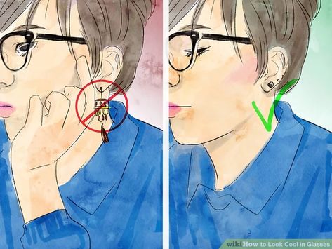 4 Ways to Look Cool in Glasses - wikiHow Glasses And Earrings Wearing, Earrings With Glasses How To Wear, Glasses And Earrings Together, Oversized Glasses Aesthetic, How To Make Glasses Look Cute, How To Look Cute With Glasses, How To Style Glasses, Glasses And Earrings, Cool Eyeglasses