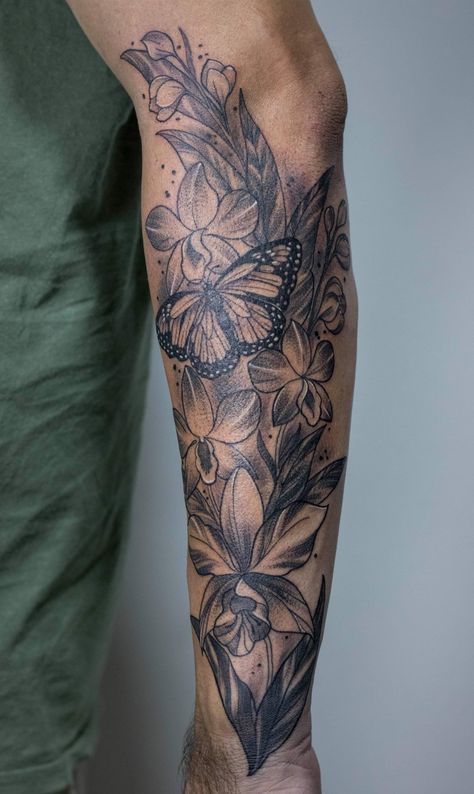 Follow me @mafeilustra #flowertattoo #orchid #blackwork #butterfly #ink #inked Butterfly Tattoo Sleeve Men, Men Orchid Tattoo, Butterfly Sleeve Tattoo Men, Cattleya Flower Tattoo, Orchid Tattoo Men, Male Butterfly Tattoo, Butterfly Tattoo Sleeve, Blackwork Butterfly, Butterfly Sleeve Tattoo