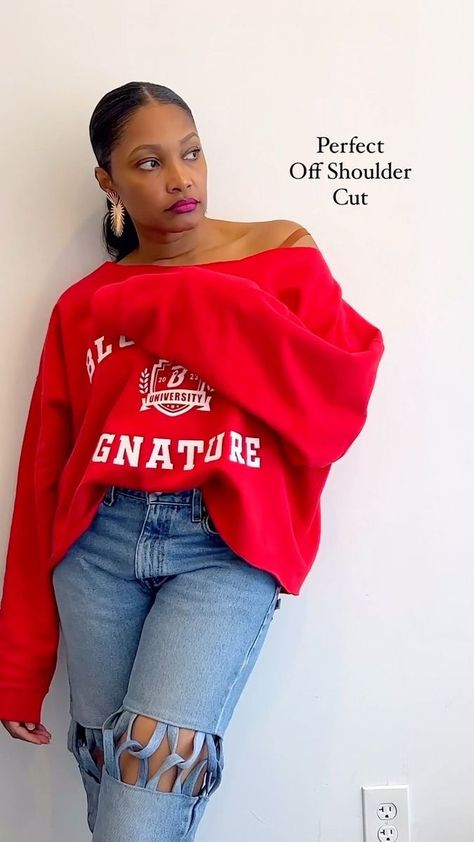 Cut Out Shoulder Sweater, How To Make A Off The Shoulder Shirt Diy, Diy Off Shoulder Sweatshirt, How To Cut The Neck Of A Sweatshirt, How To Cut A Sweatshirt Off The Shoulder, Crop A Sweatshirt, Cut Sweatshirt Diy, Diy Sweater Refashion, Diy Off Shoulder Top