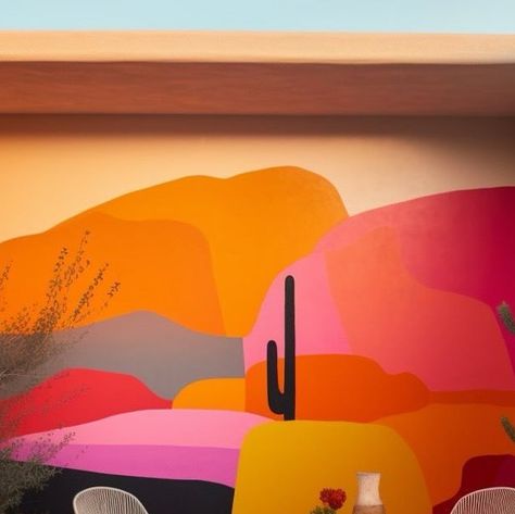 Sunset Painted Wall, Desert Playroom, Desert Sunset Mural, Kids Playroom Mural Ideas, Desert Mural Wall, Yard Mural, Airbnb Styling, Cowboy Pools, Cactus Mural