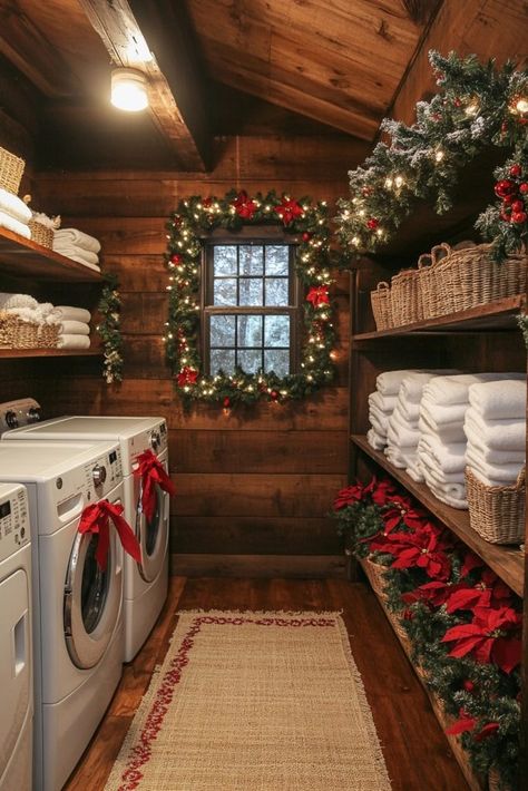 Rustic Cabin Laundry Room, Laundry Room Christmas Decor, Christmas Laundry Room, Simple Rustic Christmas Decor, Laundry Room Decorating Ideas, Rustic Christmas Decor Ideas, Rustic Laundry Room, Rustic Wooden Signs, Honeycomb Wallpaper