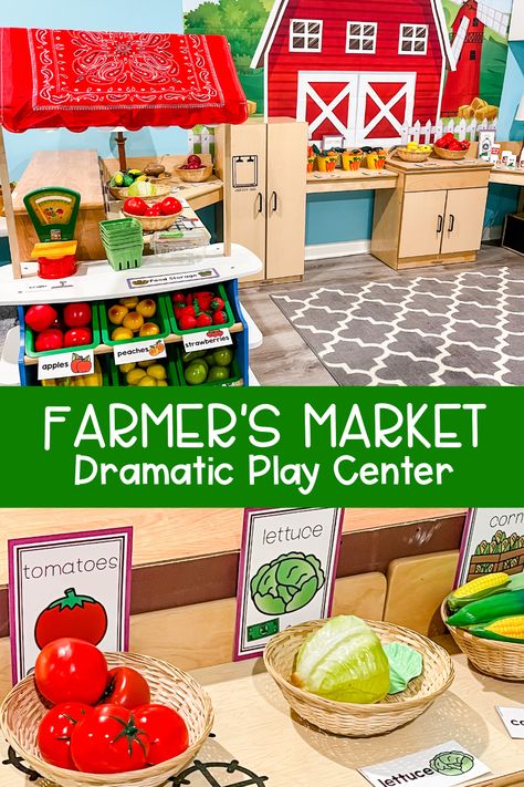 Pretend Farmers Market, Farm Harvest Crafts Preschool, Fruit Stand Dramatic Play Preschool, Farm To Table Dramatic Play, Farmers Market Play, Farmers Market Role Play, Fall Market Dramatic Play, Farmers Market For Preschool, Farm Stand Dramatic Play Preschool