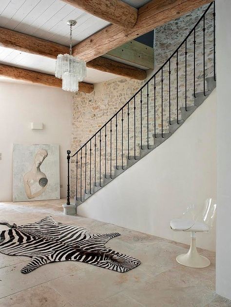 Mill Renovation by Ml-h design Stone Hallway, Decorate Chandelier, Contemporary Home Interior, Zebra Rug, Hand Hewn Beams, Rustic Chic Decor, Mediterranean Style Homes, Stair Case, Staircase Railings