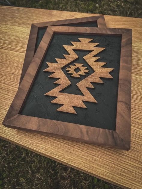 "Walnut on a textured black backer with a mitered walnut frame 12\" x 10\" -- sold as a set of two." Wood Signs To Sell, Aztec Signs, Aztec Wood Art, Laser Engraving Ideas Projects, Western Crafts Diy, Aztec Wall Decor, Aztec Wall Art, Pallet Barn, Aztec Decor