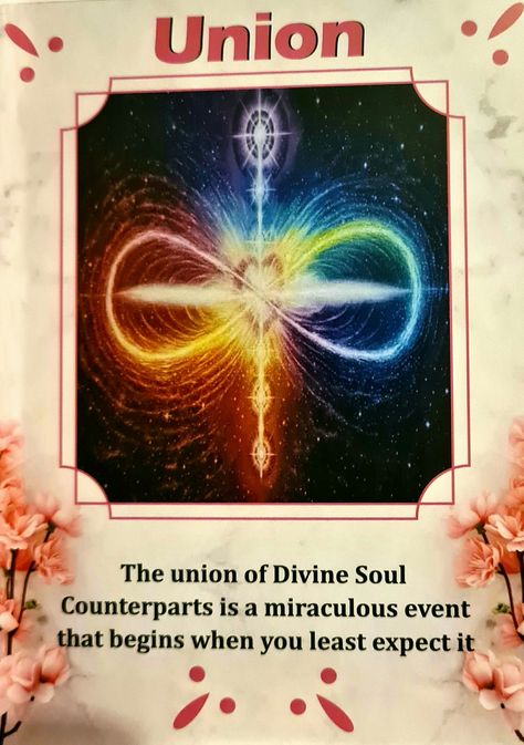 Union ~ The union of Divine Soul Counterparts is a miraculous event that begins when you least expect it..When union occurs you will both realise you where both guided along life paths that prepared you for each other..You may discover parallels that set your counterpart out as destined to fit you..This card is a sign that divine soul union is close 😇 Love Oracle Cards, Divine Counterpart, Divine Union, Love Oracle, Angel Oracle Cards, Free Spirit Quotes, Signs From The Universe, Twin Souls, Soulmate Love Quotes