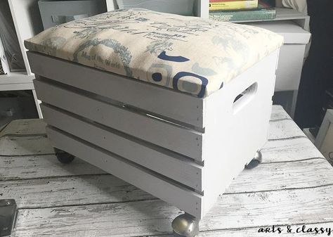 how to create a wooden crate rolling storage ottoman, how to, painted furniture, storage ideas, reupholster, woodworking projects Crate Stools, Crate Ottoman, Diy Storage Ottoman, Diy Ottoman, Rolling Storage, Crate Storage, Wood Crates, Wooden Crates, Décor Diy