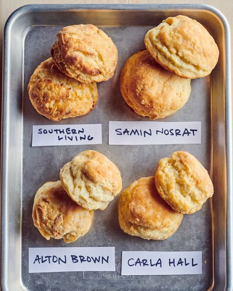 Various buttermilk biscuits coupled and labeled on baking pan; clockwise: Samin Nosrat, Carla Hall, Alton Brown, Southern Living. Thing To Bake, Samin Nosrat, Best Buttermilk Biscuits, Fried Chicken Sandwiches, Best Biscuit Recipe, Biscuits And Gravy Casserole, Homemade Biscuits Recipe, Carla Hall, Southern Biscuits