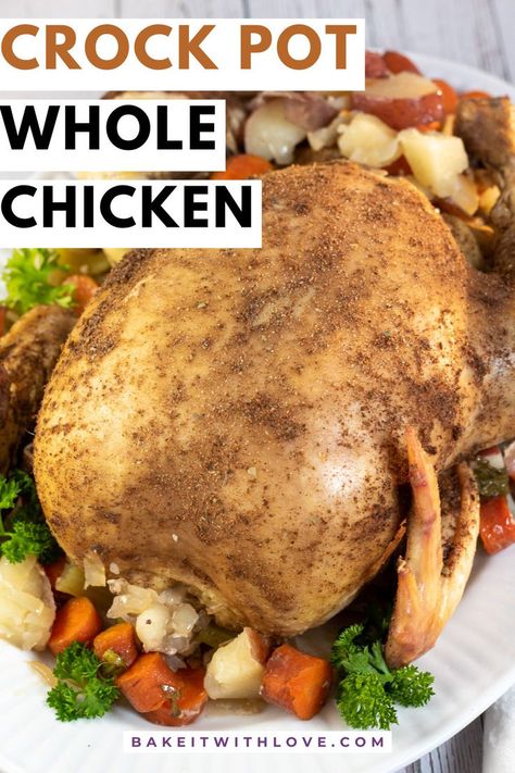 A whole chicken with golden brown skin over slow cooked veggies on an oval white platter. Slow Cooker Whole Chicken Recipes, Whole Chicken Crock Pot, Whole Chicken In Crockpot, Whole Chicken In The Crockpot, Crock Pot Whole Chicken, Crockpot Whole Chicken Recipes, Crockpot Whole Chicken, Crockpot Rotisserie Chicken, Whole Chicken Recipe