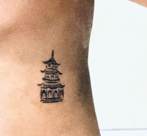 Chinese pagoda tattoo Laos Temple Tattoo, Ancient China Tattoo, Made In China Tattoo, Taiwanese Tattoo, Vietnam Tattoo Ideas, Viet Tattoo, Pagoda Tattoo, Atom Tattoo, China Tattoo