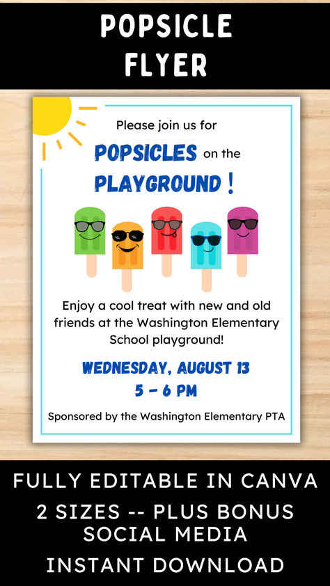 Popsicles On The Playground Flyer, Popsicles On The Playground, Fun Popsicles, Elementary School Playground, Playground Party, Popsicle Party, Daycare Decor, School Flyer, Square Graphic