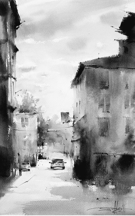 Ink Wash Art, Ink Wash Drawings, Ink Landscape Painting, Black And White Watercolour, Landscape Drawing Tutorial, Ink Landscape, Black Ink Art, Monochrome Painting, Ink Water