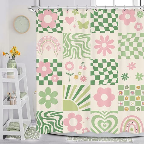 Retro Cute Green Pink Flower Shower Curtain 60Wx72H Inch Abstract 70s Danish Pastel Checkered Aesthetic Rainbow Groovy Bathroom Set Girls Waterproof Bath Decoration Accessories Home Decor Flower Power Bathroom, Bathroom Decor Apartment Girly, Green And Pink Bathroom, 90s Bathroom, Groovy Decor, Bath Decoration, Pastel Checkered, Bathroom Cute, Bohemian Bathroom Decor