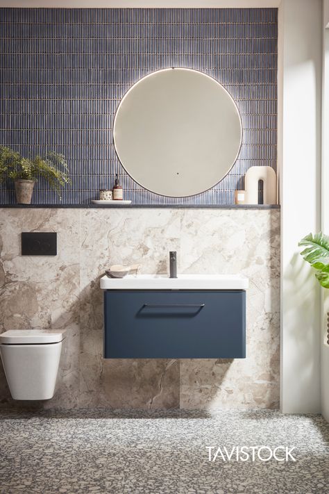 The blue bathroom trend is encapsulated here with the blue bathroom furniture and blue bathroom tiles. Blue Bathroom Tiles, Blue Bathrooms, Dark Blue Bathrooms, Blue Bathroom Tile, Blue Bathroom Furniture, Modern Luxury Bathroom, Blue Bathroom Decor, Best Bathroom Designs, Bathroom Guest