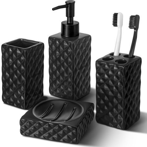 PRICES MAY VARY. Ceramic 【ATTRACTIVE BLACK BATHROOM ACCESSORIES SET】Get these DIAMOND STYLE elegant additions to your bathroom right now! Matte black bathroom accessories set contains 1 soap dispenser, 1 soap dish, 1 multifunctional tumbler, 1 toothbrush holder, which can perfectly meet your all daily needs. Surprisingly, the overall style of bathroom accessory set is unified, which can brighten your bathroom nicely! 【GORGEOUS DIAMOND PATTERN DESIGN】Diamond is a symbol of gorgeous. Such a diamon Black And Silver Bathroom, Black Bathroom Sets, Black Bathroom Accessories Set, Matte Black Bathroom Accessories, Black Living Room Decor, Black Bathroom Decor, Ceramic Soap Dispenser, Matte Black Bathroom, Black Bathroom Accessories