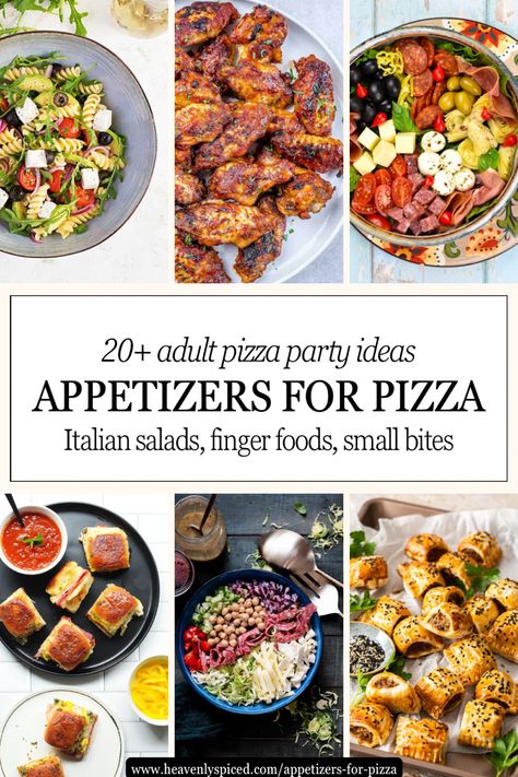 A collage of several appetizers for pizza photos. Apps For Pizza Party, Appetizers For Pizza Night, Pizza Appetizers Easy, Crispy Buffalo Wings, Italian Salads, Burrata Bruschetta, Italian Finger Foods, Antipasto Salad Recipe, Salad Italian