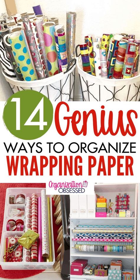 Organize Christmas Wrapping paper like a pro with these gift wrap organizing ideas! Here you will find 14+ Ideas to store wrapping paper and keep your wrapping paper from being torn up. #wrappingpaper #wrappingpaperstorage #organizingideas #christmaswrappingpaper #wrappingpaperstorageideas #organizingideas Organize Wrapping Paper, Store Wrapping Paper, Gift Bag Storage, Wrapping Paper Organization, Gift Wrap Organization, Diy Wrapping Paper, Storage Organization Ideas, Gift Wrapping Station, Wrapping Paper Storage