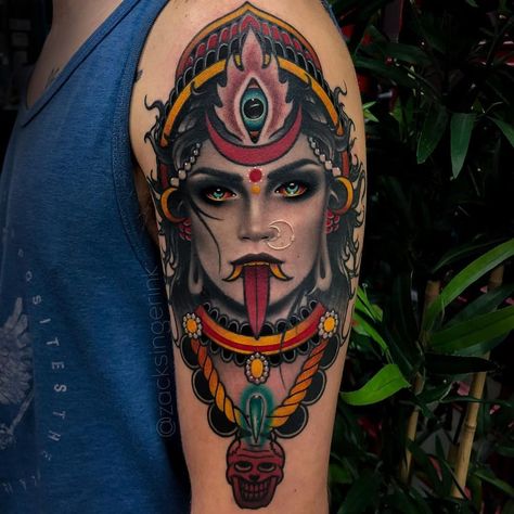 Tattoo by zacksingerink #zachsingerink #zachsinger #Kalitattoos #kalithedestroyer #goddessKali #Hindu #HinduGoddess #deity #color #blackandgrey #portrait #realism #realistic #mashup #skull #thirdeye #crown | Mar 7th 2019 | 897889 Kali Tattoos, Legend Tattoo, Kali Tattoo, Kali Goddess, Tattoos Gallery, Common Themes, Popular Tattoos, Get A Tattoo, A Tattoo