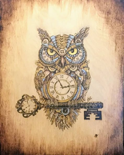 Clockwork Owl Woodburning by Scorchworks on DeviantArt Steampunk Owl Drawing, Owl Woodburning, Steampunk Animals Drawing, Steampunk Art Drawing, Steampunk Drawing, Images Pop Art, Steampunk Tattoo, Steampunk Animals, Steampunk Owls