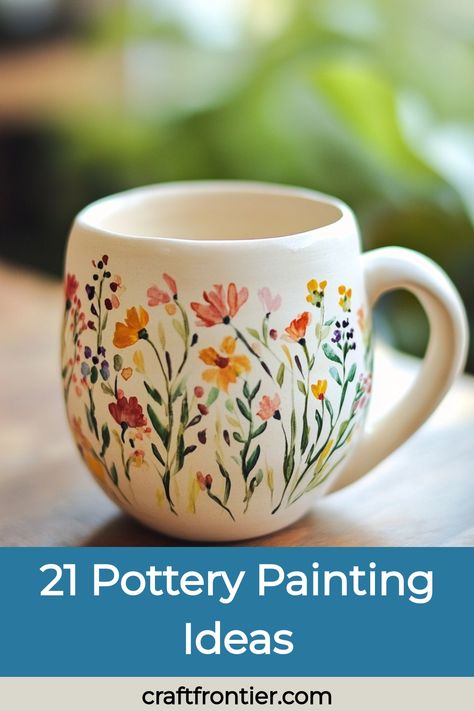 Pottery painting offers an enjoyable DIY experience where you can transform plain ceramics into vibrant works of art. Whether you're painting floral designs, animal patterns, or something entirely unique, the possibilities are endless. Add a personal touch with quotes or handprints to make your pieces more meaningful. Whether you are with friends or enjoying a solo activity, pottery painting is a great way to express yourself and create lasting memories. Watercolor Pottery Painting, Easy Hand Painted Mug Ideas, Hand Painting Pottery, Ceramic Coffee Cup Painting Ideas, Painting Dishes Ideas, Green Pottery Painting Ideas, Paint Plates Diy, Floral Painted Pottery, Painting Ceramics Ideas Simple