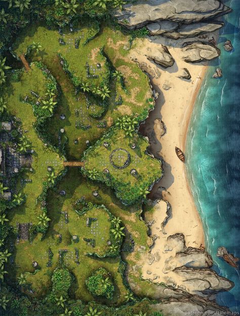 Beach [44x58] | Tale Maps on Patreon Coastal Druid, Dnd Island, Dnd Jungle, Jungle Map, Fantastical Landscapes, Illustration Building, Map Game, Evelynn League Of Legends, Fantasy City Map