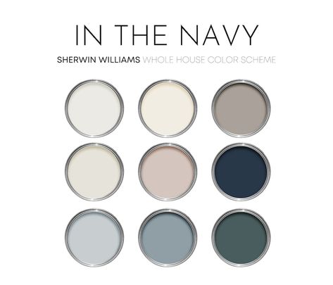 In the Navy Sherwin Williams Paint Palette, Modern Neutral Interior Paint Colors for Home, Cottage Color Scheme, Still Water - Etsy Navy Blue Neutral Color Palette, Colors To Go With Navy Blue, Navy Sherwin Williams Paint, In The Navy Sherwin Williams, Cottage Color Scheme, Navy Blue Color Scheme, Neutral Interior Paint Colors, Paint Pallets, Navy Furniture