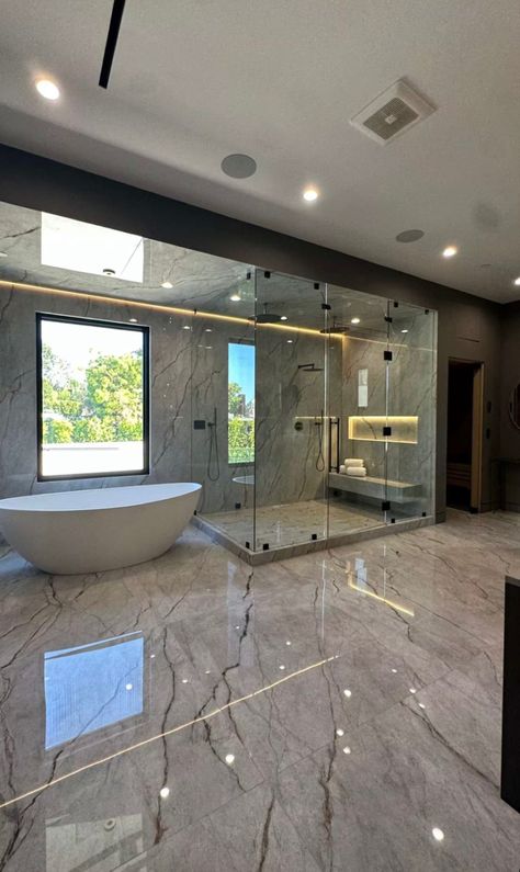 Huge Luxury Bathroom, Bathroom With Walk In Shower And Tub, Mansion Bathrooms Luxury, Modern House Design Interior 2024, Fancy Bathroom Luxury, Large Walk In Showers Master Suite, Bathtub In Bedroom, Luxury Showers Master Baths, Big Modern Bathroom