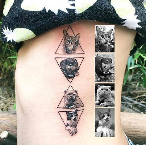 Tattoo With Cat, Pet Cat Tattoo, Dog Tattoo Design, Cat Portrait Tattoos, Pet Memorial Tattoo, Green Tattoos, On Tattoo, Design Triangle, Bunny Tattoos