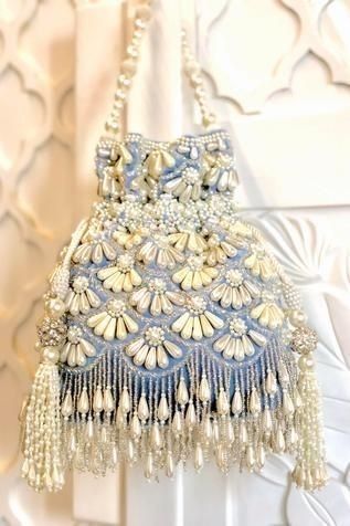 Embellished Bags, Crystal Bags, Diy Bag Designs, Potli Bags, Pearl Bag, Velvet Color, Beaded Purses, Blue Pearl, Beaded Tassels