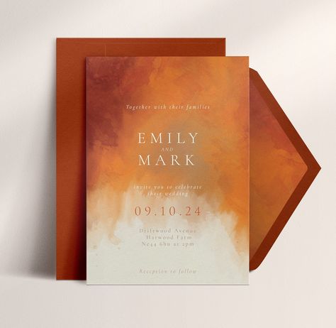 Burnt orange and rust hand-painted watercolor wedding invitations. You also have the option to purchase a set of luxury wedding envelopes in terracotta or eggshell white. Other colours are available if you have something else in mind. PURCHASE DETAILS: 5x7 Wedding invitation, printed on a beautiful 350gsm textured card + an optional set of Premium wedding envelopes MATCHING ITEMS The Full Set - https://etsy.me/2RqSa7x Save The Date - https://etsy.me/3anj9Y6 Details card - https://etsy.me/36Y2Nmz Terracotta Save The Date Ideas, Terracotta Wedding Invites, Watercolor Invitations Wedding, Orange Theme Wedding, Autumn Wedding Invites, Wedding Invitations Terracotta, Rustic Orange Wedding, Wedding Invitations Orange, Wedding Invitations Color