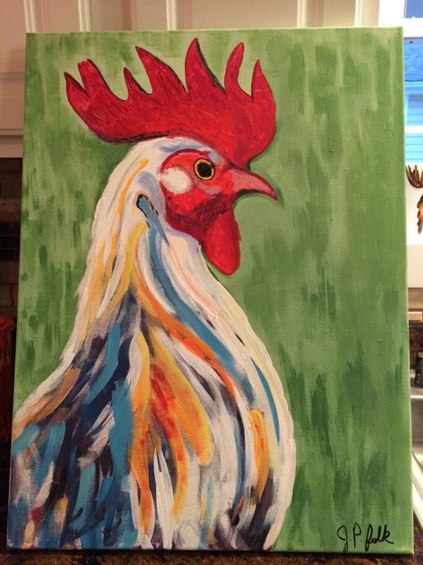 Easy Farm Animal Paintings, Simple Chicken Painting, Rooster Painting Easy, Chicken Canvas Painting, Chicken Painting Acrylic, Rooster Art Painting, Roosters Painting, Chicken Painting Easy, Interior Design For House