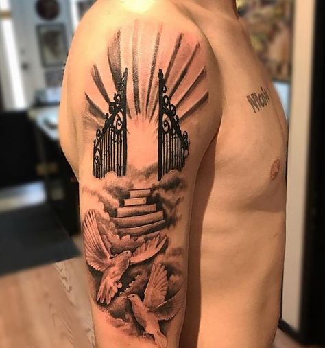 beautiful dove and stairway to heaven tattoo Stairway To Heaven Tattoo, Religious Tattoo Sleeves, Religous Tattoo, Christus Tattoo, Heaven Tattoo, Rip Tattoo, Half Sleeve Tattoos Forearm, Dove Tattoos, Heaven Tattoos