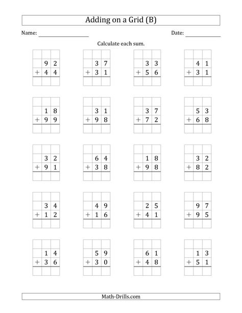 The Adding 2-Digit Plus 2-Digit Numbers on a Grid (B) Math Worksheet Basic Math Worksheets, Math Practice Worksheets, Math Addition Worksheets, First Grade Math Worksheets, Math Drills, Subtraction Practice, 2nd Grade Math Worksheets, 2nd Grade Worksheets, Subtraction Worksheets