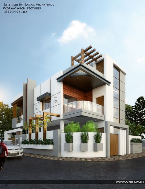 Top 30 House Design Ideas - Engineering Discoveries Corner House Elevation Design, Corner House Elevation, House Architecture Styles, Beautiful Modern Homes, Small House Elevation, Small House Elevation Design, Building Elevation, Modern Exterior House Designs, Duplex House Design