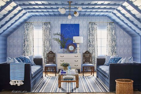 2020 Showcase House Blue Bonus Room on Third Floor Ferrick Mason, Mobile Chandelier, Blue Accent Chairs, Blue Ceilings, American Interior, Hill Interiors, White Rooms, The Grove, Pretty Prints