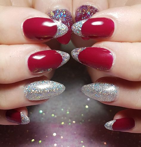 Red And Silver Manicure, Red And Silver Sparkly Nails, Red Nails With Sparkle Tips, Red Nails Silver Tips, Red And Silver Gel Nails, Red Nails With Silver Tips, Red And Silver Nail Designs For Prom, Red And Silver Nails Acrylic, Black And Red Glitter Nails