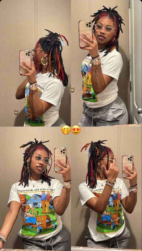 Grunge Locs Hairstyles, Locs Black Women Curly Ends, Colored Short Locs, Died Dread Locks, Loc Styles Retwist, Retwist Styles For Short Locs Women, Color Locs Black Women, Natural Locs Hairstyles, Lox Journey