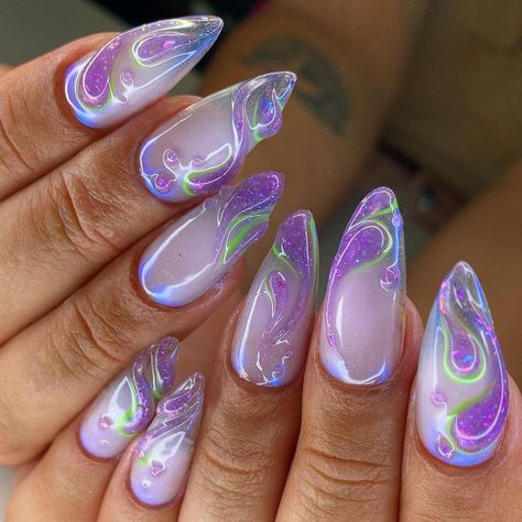 Winx Mood, Nail Design Glitter, Aurora Nails, Purple Nail Art, Nails Yellow, Airbrush Nails, Purple Nail Designs, Glass Nails, Jelly Nails