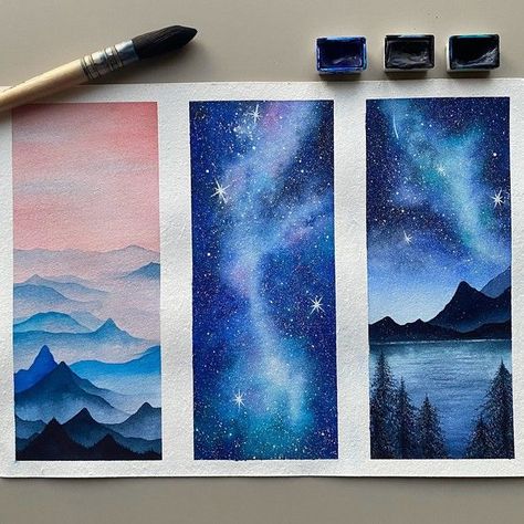 Watercolor Night Sky, Sky Art Painting, Night Sky Painting, Watercolor Sky, Watercolor Paint Set, Watercolor Bookmarks, Cat Air, Seni Cat Air, Sky Painting