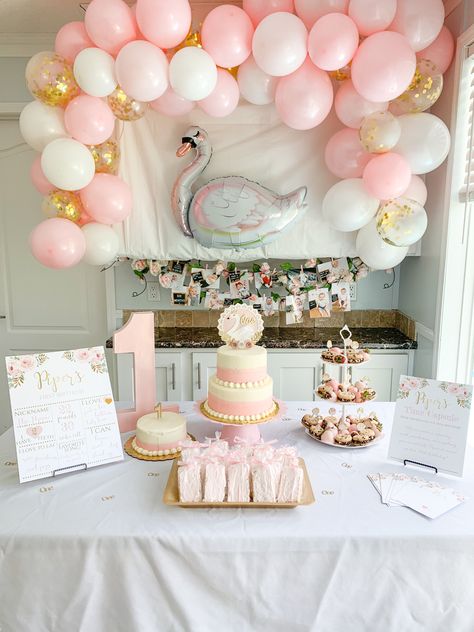 Simple swan cake table first birthday #swan #cake #pink #gold First Birthday Cake Table Ideas, 1st Birthday Cake Table Ideas, Birthday Cake Table Ideas, First Birthday Table Setup, 1st Birthday Cake Table, Swan First Birthday Party, Swan Birthday Party Ideas, Swan First Birthday, Swan Birthday Party