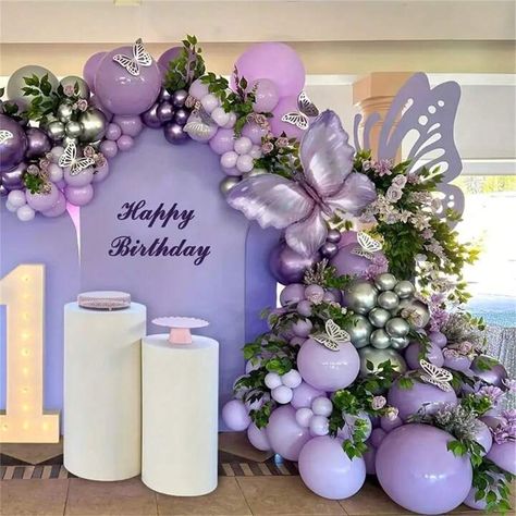 Purple Butterfly Party, Purple Birthday Party Decorations, Purple Balloon Garland, Floral Balloon Arch, 15th Birthday Decorations, Purple Party Decorations, Butterfly Theme Party, Butterfly Birthday Theme, Sweet 16 Party Decorations