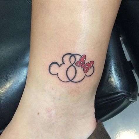 Simple Mickey and Minnie Tattoo Design Tiny Disney Tattoo, Cute Disney Tattoos, Mickey And Minnie Tattoos, Minnie Tattoo, Mickey Tattoo, Mickey Mouse Tattoo, Snoopy Tattoo, Tattoo Disney, Mouse Tattoos