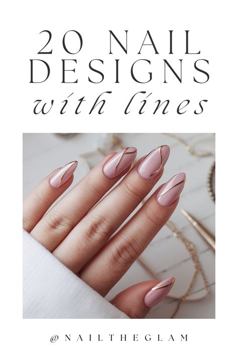 Article about 20 nail designs with lines, featuring minimalist and geometric patterns for a chic, modern look Pink Nails With Gold Lines, Nails With Simple Line Design, Gel Liner Nail Designs, Minimal Line Nails, Black Line Work Nails, Nail Line Designs Simple, Nails With Swirly Lines, Line Design Nail Art, Nails With Line Art