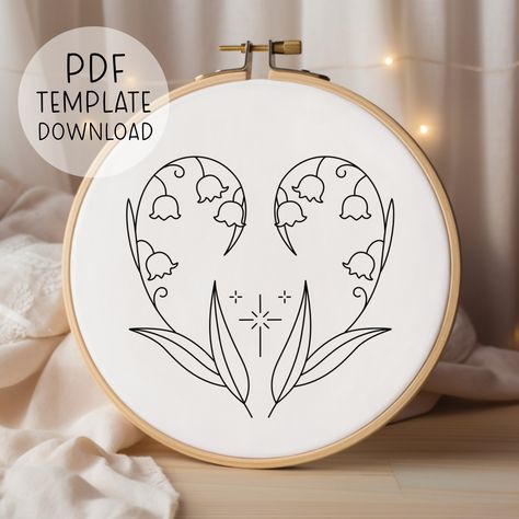 Lily Of The Valley Embroidery Pattern, Easy Embroidery Download, Heart Flowers Embroidery Template, Romantic Flowers Embroidery Love Design Lily Of The Valley Embroidery, Wedding Embroidery Hoop, Romantic Embroidery, Cat Lover Birthday, Embroidery Hearts, Heart Flowers, Embroidery Download, Wedding Embroidery, Easy Embroidery