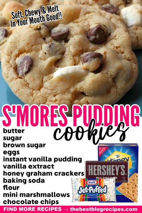 S'mores Pudding Cookies are so incredibly soft, chewy, and they melt in your mouth! This recipe has the perfect combination of regular cookie ingredients, dry vanilla pudding mix, and milk chocolate chips! Vanilla Pudding Mix Cookies, Chocolate Chip Cookies With Vanilla Pudding, Recipes With Pudding Mix In Them, Cookies With Pudding Mix In Them, Cookies With Vanilla Pudding, Pudding Mix Cookies, Vanilla Pudding Cookies, Cookies Pudding, Vanilla Pudding Recipes