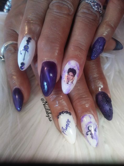 Prince purple rain nail art acrylic almond shape nails Purple Rain Nails, Prince Nails, Rain Nails, Artistic Nails, Nail Art Acrylic, Prince Purple, Shape Nails, Prince Purple Rain, Almond Shape Nails