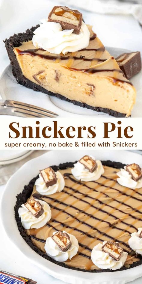 This no-bake Snickers pie is super creamy with a delicious peanut butter and caramel flavor, Oreo cookie crust, and chopped Snickers bars throughout. It's incredibly simple to make and has everything you love about a Snickers bar. #snickerspie #nobakepie #snickersbarpie #pie #peanutbutterpie #caramelpie from Just So Tasty Snickers Pie No Bake, Twinkie Desserts, Snickers Dessert, Snickers Pie, Blueberry Crumble Bars, Christmas Sweet Treats, Individual Pies, Oreo Cookie Crust, Homemade Snickers