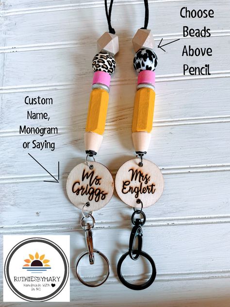 Cute Teacher Lanyard, Adjustable Personalized Lanyard For Teacher Appreciation, Teacher Lanyard Personalized, Teacher Lanyard Beaded, Teacher Lanyard Wood Beads, School Id, Student Teacher Gifts, Custom Pencils, Pencil Gift