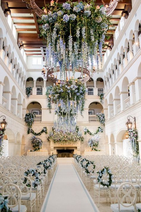 This wedding took place in the Sea Island Cloister Resort’s lobby, which was hard to imagine, but Todd and Marcy created the most breathtaking ceremony. They turned the hotel into a spectacular cathedral and made an altar that was pouring over with the most stunning pale blue flowers. Tap the link for more. Dream Wedding Venues, Future Wedding Plans, Sea Island, Desi Wedding, Salou, Black Tie Wedding, Wedding Goals, Indoor Wedding, Wedding Places